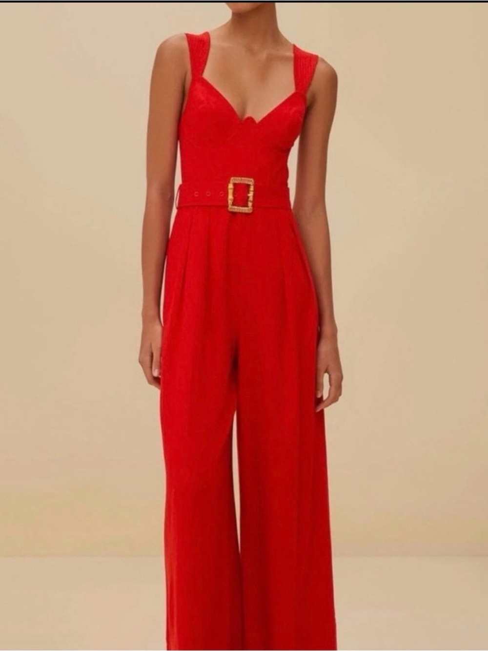 NWT FARM RIO Red Linen-Blend Sleeveless Wide-Leg Belted Jumpsuit Sz L